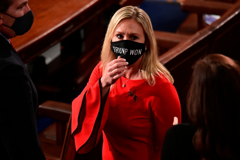 共和党籍的佐治亚州女众议员格林（图）周四表示，她已经提交了指控拜登滥用职权的弹劾条款。（美联社照片）