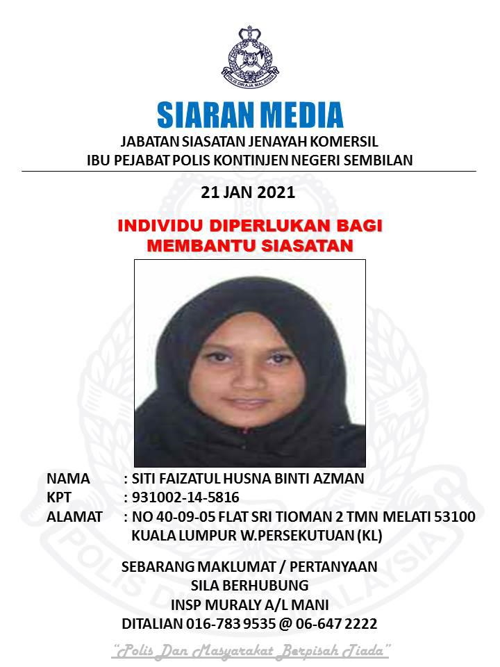 姓名：Siti Faizatul Husna（28岁）大马卡号码：931002-14-5816最后地址：吉隆坡