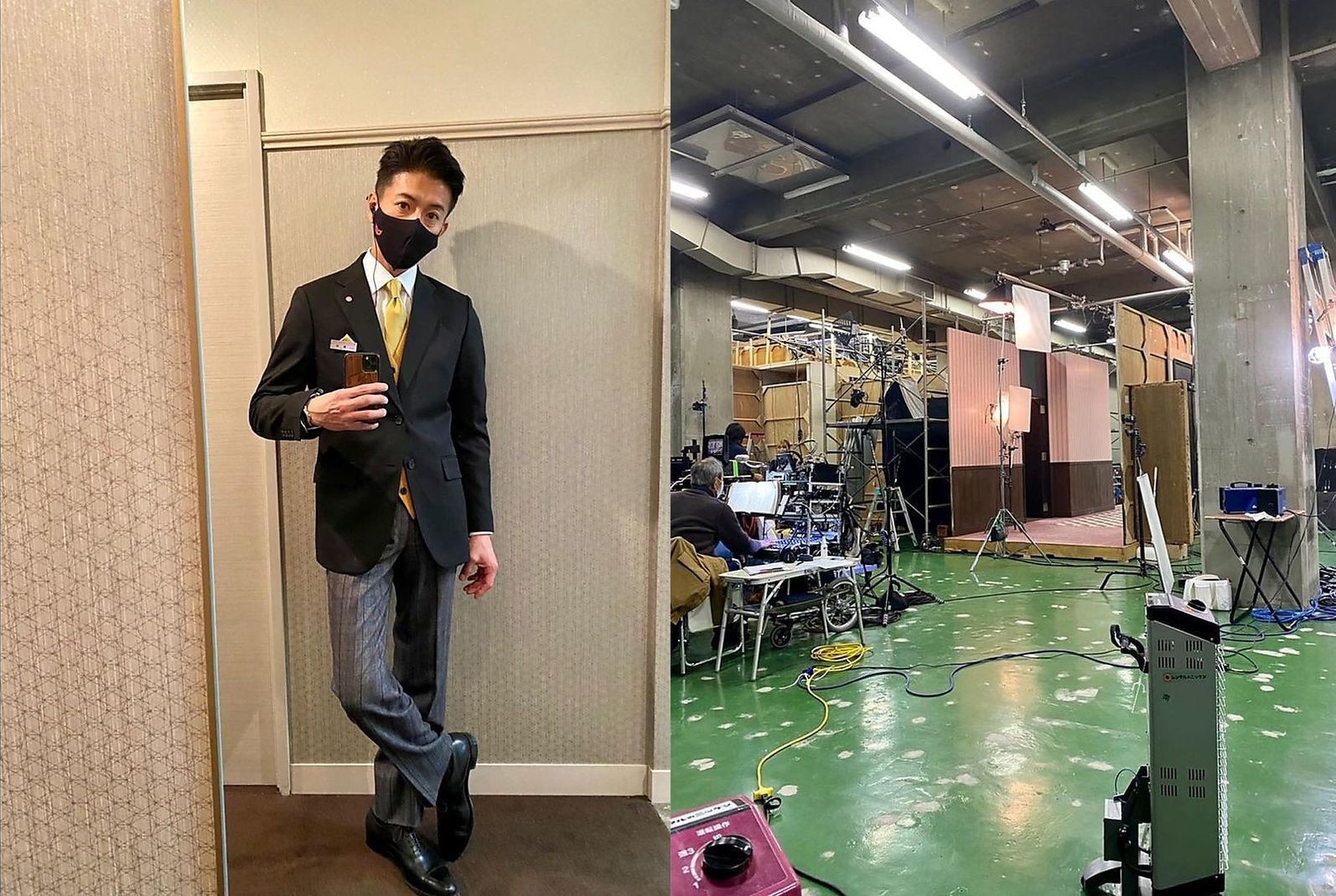 木村最近正拍摄和长泽雅美的新片《假面之夜》，在IG上传场景照以及穿着片中饭店制服、戴黑口罩的自拍照。