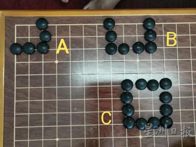 【角落围地最划算】围棋讲求效率，围得越多越好，以最少的棋子围最大的地为目标。每个交叉点是1分，如果要拿到4分，该怎么围比较好？举例（A）要围角落的4个格子（田字），只需5颗棋子就够了；（B）是边上围地，要用8颗棋子才能拿到4分；（C）是中腹围地，需12颗棋子才能取4分。总结来说，要从角落开始，之后是旁边，再到中央，用最少的棋去完成目标。围棋有一句俗语，“金角银边草肚皮”也就是这个道理。
