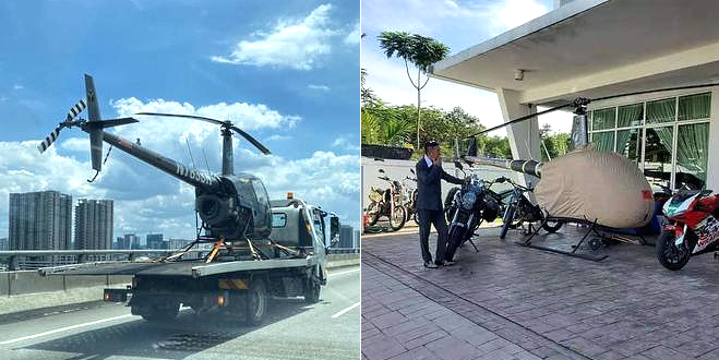 The helicopter is being transported from the company to Lim's house on a truck, and is later parked at his porch for promotional video-shooting.