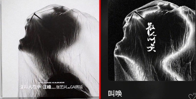 汪峰的《没有人在乎》（左）与散人乐队的《呼唤》封面一模一样，被指涉嫌抄袭。散人乐队针对汪峰封面抄袭一事回应：“这个是公共素材。”
