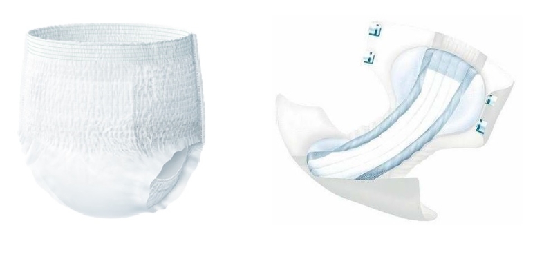 成人纸尿片主要分为裤型（pants，左）和粘合型（tape，右）。