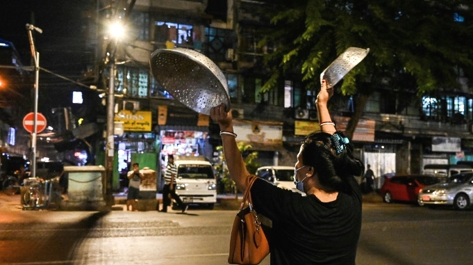 Yangon residents clatter pans after calls for protest over the military coup went out on social media. AFP Yangon residents clatter pans after calls for protest over the military coup went out on social media. AFP
