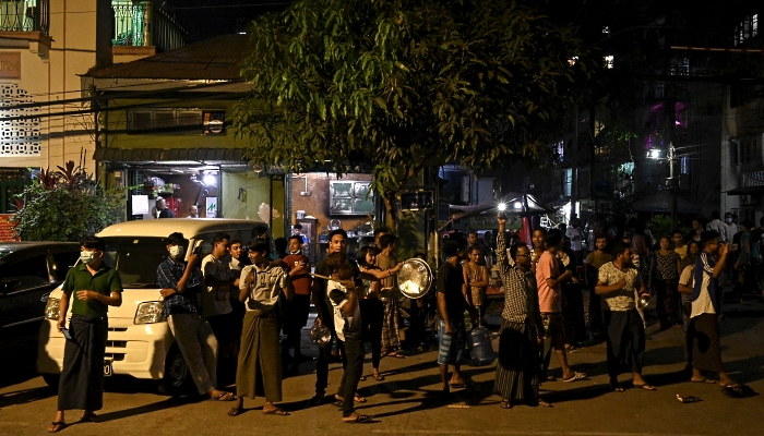 People taking part in a noise campaign in Yangon, Myanmar, following calls for protest against the military coup on the social media. AFP