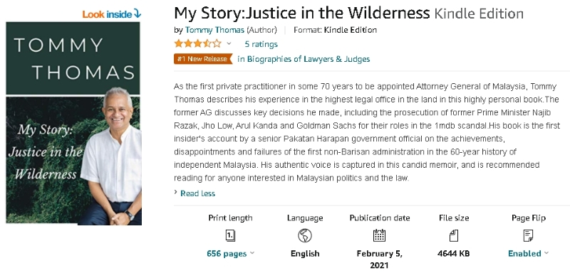总检察长丹斯里汤米汤姆斯自传《我的故事——荒野中的正义》在亚马逊（Amazon）电子书网站的“律师与法官自传”类别的新书中荣登榜首。

