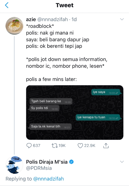 一名推特用户表示日前在推文道出她过路障留下电话后，竟遭到警察WhatsApp私讯搭讪。