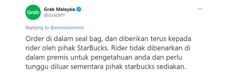 大马Grab也在其推特下回应,强调送餐员并不能拆开包装查看顾客的点餐。
