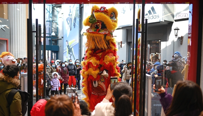 Members of a lion dance troupe perform in a mall in Beijing on the fifth day of Lunar New Year. AFP