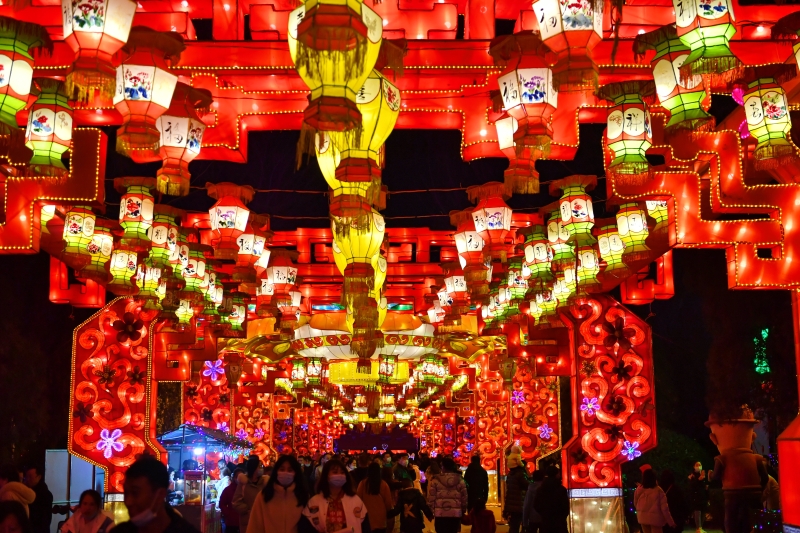这是2月14日拍摄的汾阳市贾家庄村民俗庙会上的花灯。

