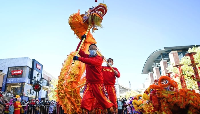 Members of a dragon dance troupe perform outside a mall in Beijing on the fifth day of Lunar New Year. AFP