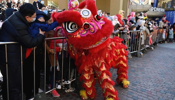 Members of a lion dance troupe perform in a mall in Beijing on the fifth day of Lunar New Year. AFP