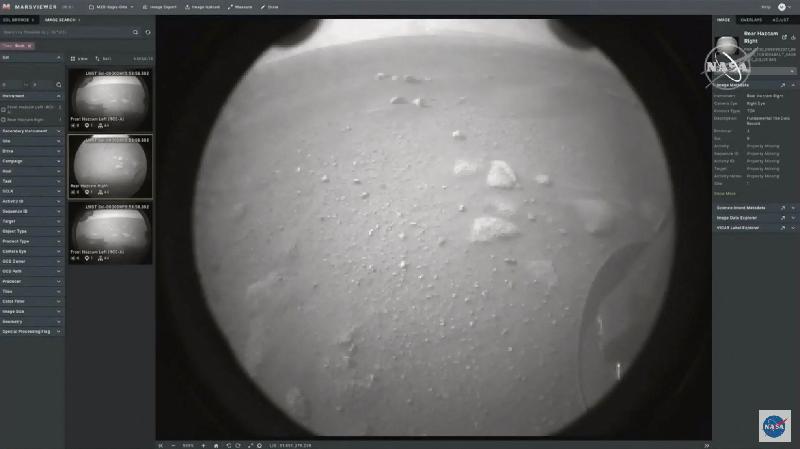 毅力号火星车在火星成功着陆后，向美国宇航局位于加州的喷射推进实验室发回了首批照片。（图：法新社）