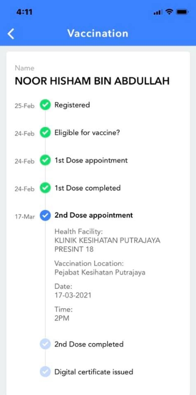 诺希山分享他的MySejahtera手机应用程式页面，让民众知道轮到自己接种疫苗时需要完成的步骤。