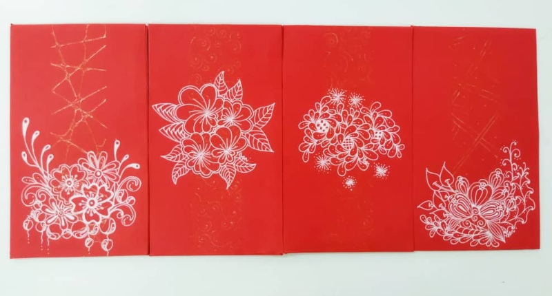 黄燕燕手作的花开富贵禅绕红包封系列。