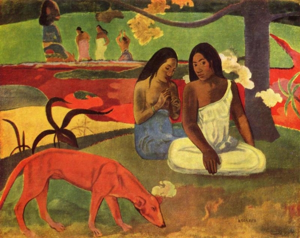 快乐的人（Arearea），1892 。保罗．高更（Paul Gauguin）画 。这是法国画家高更的大溪地系列画作之一。19世纪末，中年的高更前往法国殖民地大溪地寻找创作题材。有别于欧洲女人的美术形象，大溪地女人在画家笔下黝黑而粗壮。高更想画出纯洁和丰饶的礼赞，却也掩饰不住殖民者眼中的异国情调和猎奇的目光。