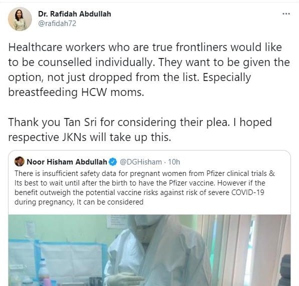 诺希山针对孕妇能否接种疫苗一事，在推特作出回应。