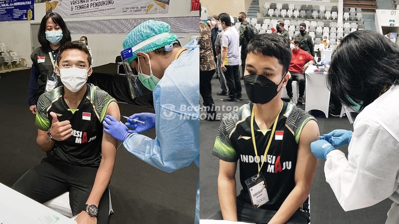 82位印尼羽球队成员已接种疫苗，当中包括男单约纳丹（左）与安东尼。 （印尼羽总脸书照片）