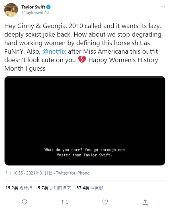泰莱史薇芙推特发文谴责Netflix影集《Ginny & Georgia》，对该影集所开的性别歧视笑话表达不满。