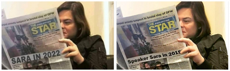 左图为经篡改的照片；右为原图，可见文章标题其实是“萨拉在2019年成为议长？”，与2022年总统大选无关。