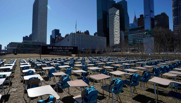 School desks are set up outside the UN Headquarters in New York City as part of the UNICEF 