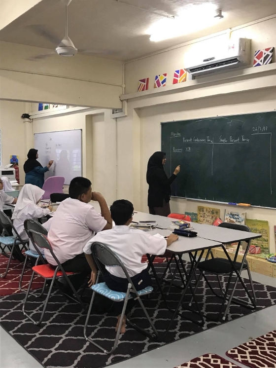 每一面黑板或白板代表一个班级，孩子依程度分班上课。