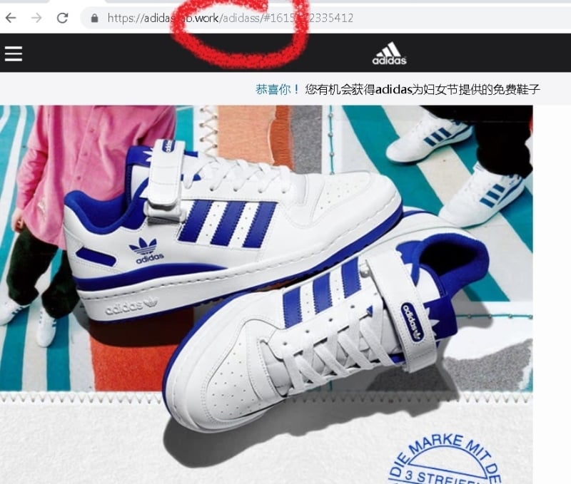 在社交媒体流传信息的链接非常可疑，其URL 的Adidas也拼写为Adidass。