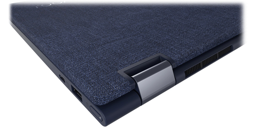 Lenovo Yoga 6 AMD有一个独特的外型设计，机盖是一个深蓝色的布料材质，摸起来很舒适。