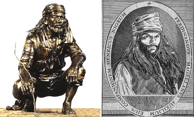 Sculpture of Enrique de Malacca (ahmadfuadosman.com) (L), and portrait of the slave circumnavigator (enriquedemalacca.com). Copyright for images retained by Ahmad Fuad Osman