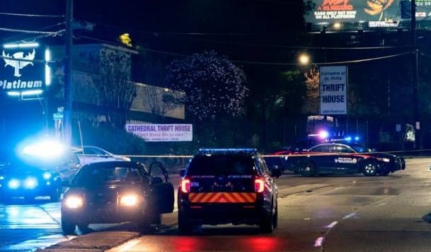 Atlanta Police vehicles seen outside a massage parlor where a person was shot and killed in Atlanta. AFP