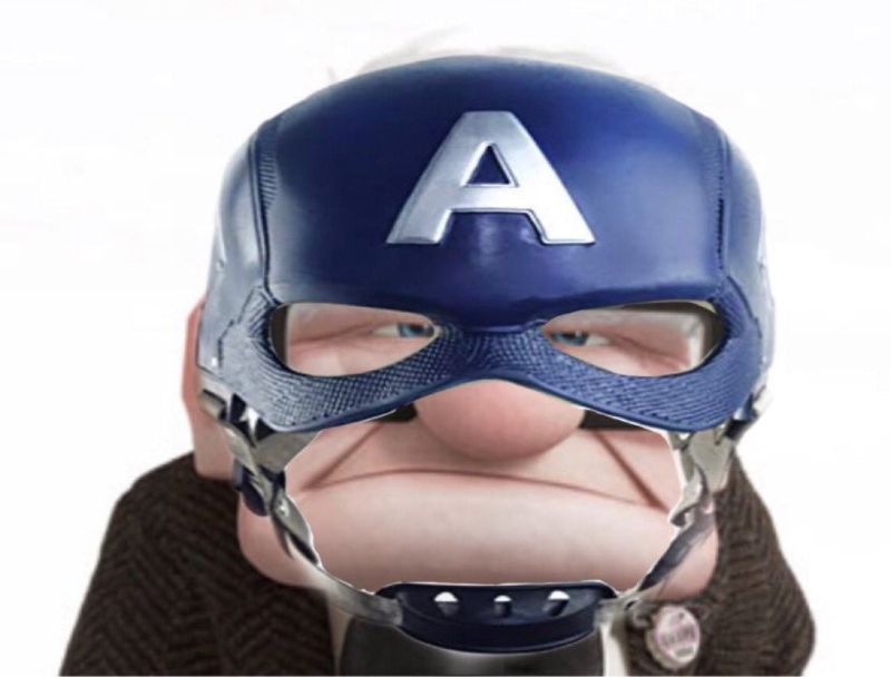 网上出现不少恶搞图，并指新版美国队长“撞脸”动画片《冲天救兵》的卡尔老先生。