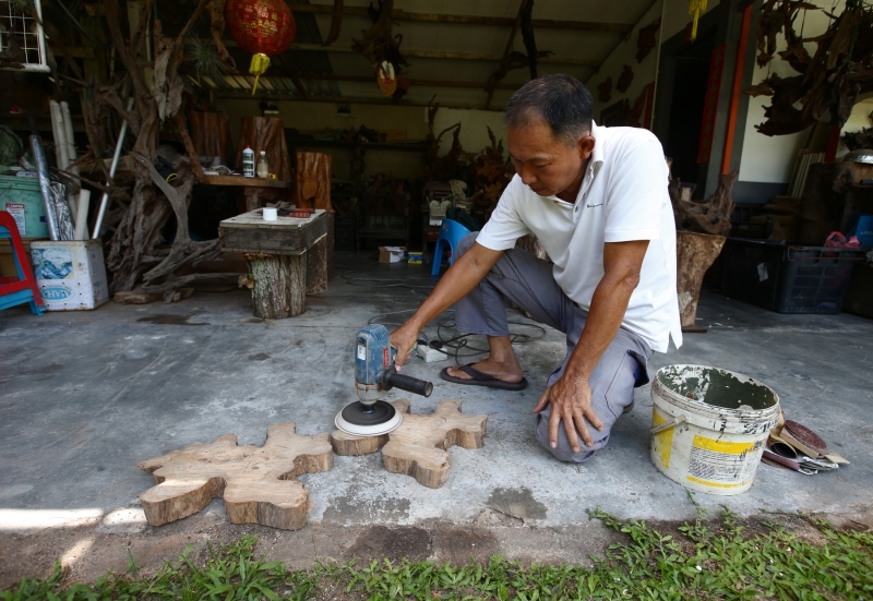 韦德荣将小型树桐锯开后，利用装上砂纸的打磨机，将树桐表面磨至平滑。
