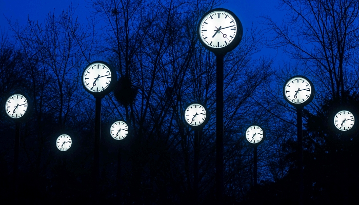 Clocks of the art installation 'Zeitfeld' (time field) by German artist Klaus Rinke in Dusseldorf, western Germany. AFP