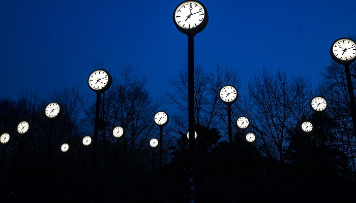 Clocks of the art installation 'Zeitfeld' (time field) by German artist Klaus Rinke in Dusseldorf, western Germany. AFP