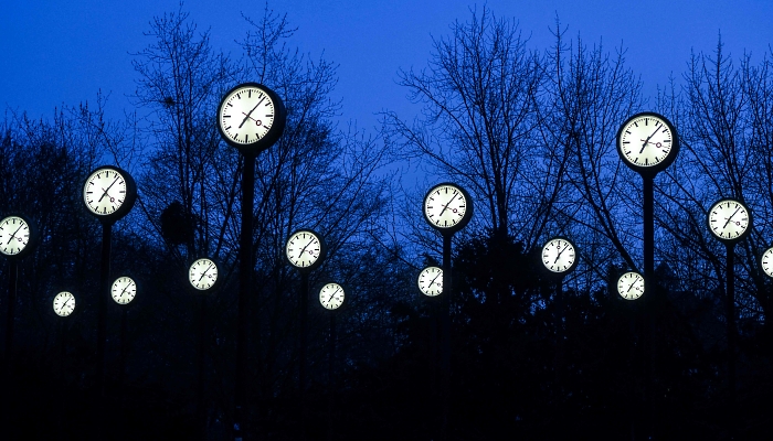 Clocks of the art installation 'Zeitfeld' (time field) by German artist Klaus Rinke in Dusseldorf, western Germany. AFP