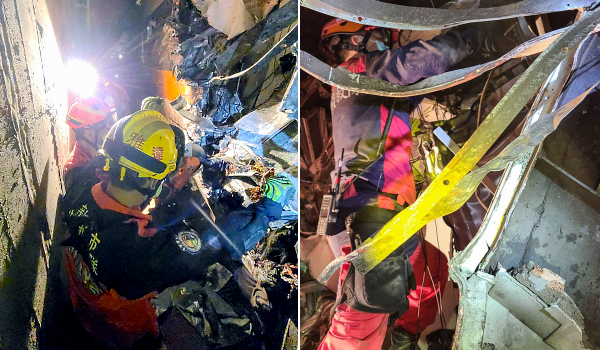 Handout picture eeleased by New Taipei City Fire Department shows rescue team members at the site where a train derailed inside a tunnel in the mountains of Hualien (L); handout picture released by Taiwan Red Cross shows rescue teams at the site of mishap. AFP