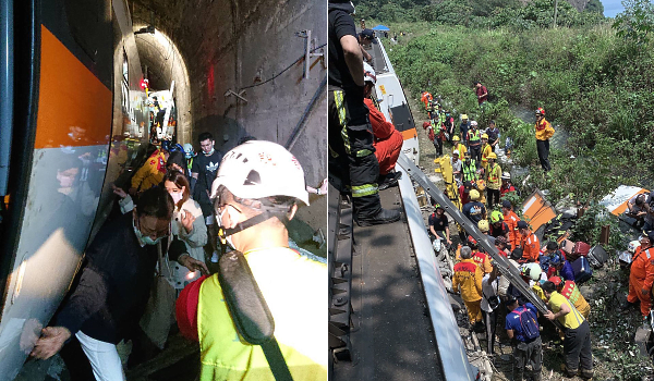 Handout picture released by Taiwan Red Cross shows rescue team members assisting passengers after a train derailed inside a tunnel in the mountains of Hualien (L); handout picture released by Taiwan Red Cross shows rescue teams at the site of mishap. AFP