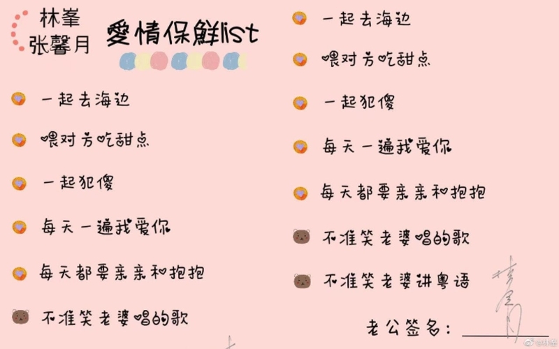 张馨月例出7条爱情保鲜清单，林峰随后亦签上名以表同意。