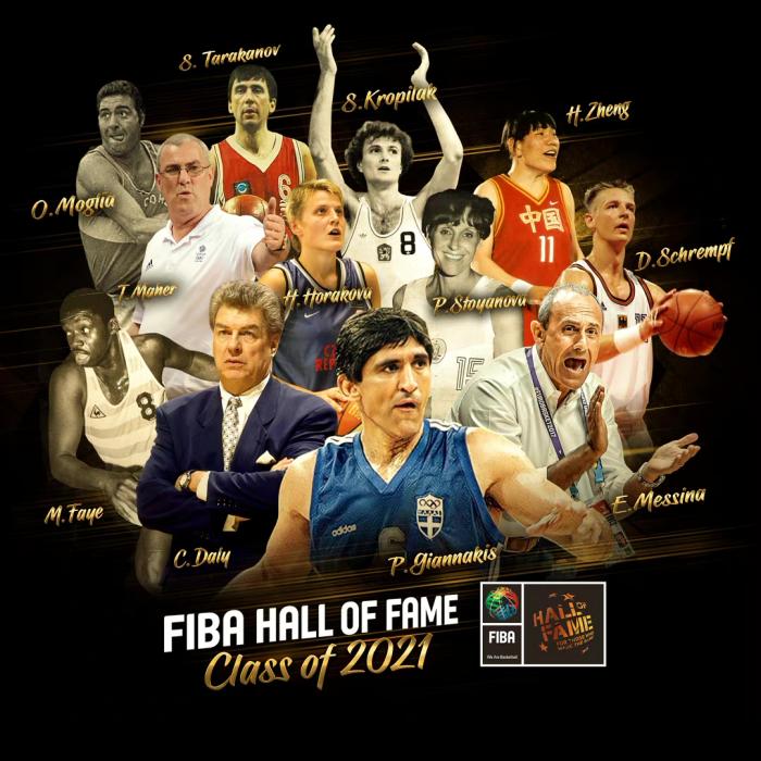 中国女篮名宿郑海霞（右上）入选2021年FIBA篮球名人堂，入围的还有已故前美国男篮“梦之队”主教练查克·戴利（左二）。（FIBA照片）

