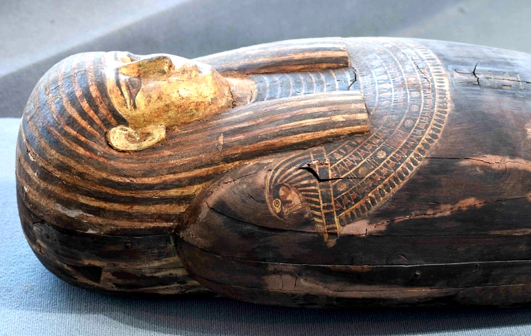 New finds are being made; this wooden sarcophagus was revealed to the public in November 2020. AFP