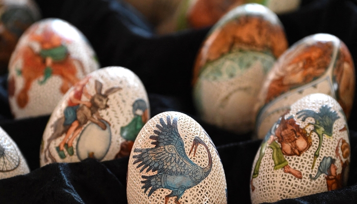 Artfully decorated Easter eggs made of goose eggs at the workshop of Tunde Csuhaj in the town of Szekszard, Hungary. AFP