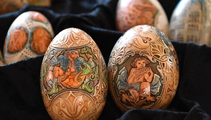 Artfully decorated Easter eggs made of goose eggs at the workshop of Tunde Csuhaj in the town of Szekszard, Hungary. AFP