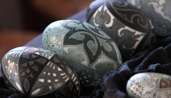 Artfully decorated Easter eggs made of goose eggs at the workshop of Tunde Csuhaj in the town of Szekszard, Hungary. AFP