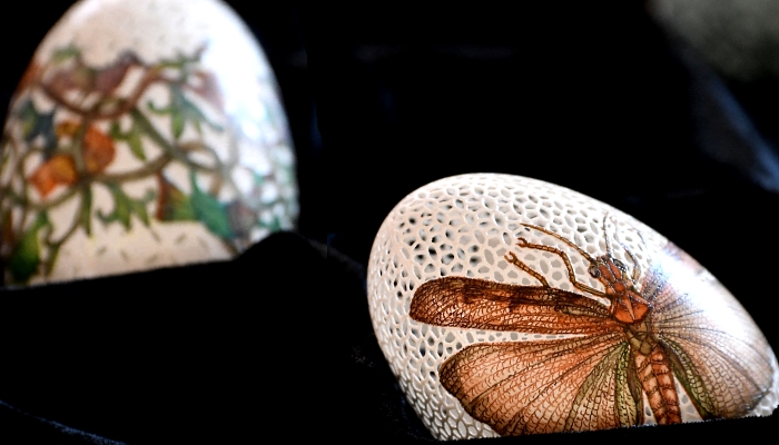 Artfully decorated Easter eggs made of goose eggs at the workshop of Tunde Csuhaj in the town of Szekszard, Hungary. AFP