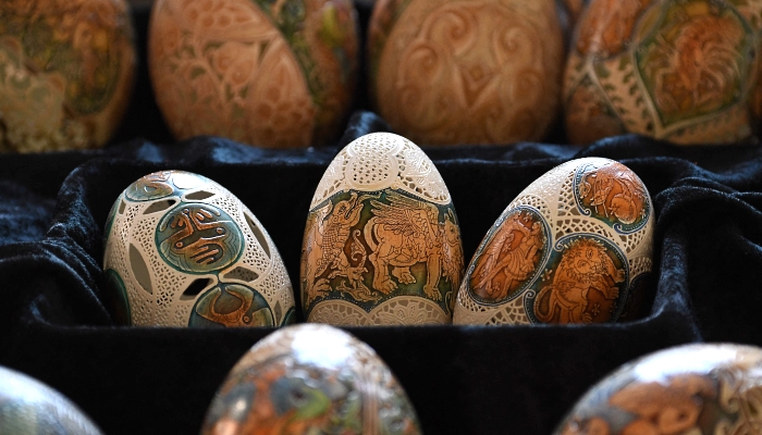 Artfully decorated Easter eggs made of goose eggs at the workshop of Tunde Csuhaj in the town of Szekszard, Hungary. AFP