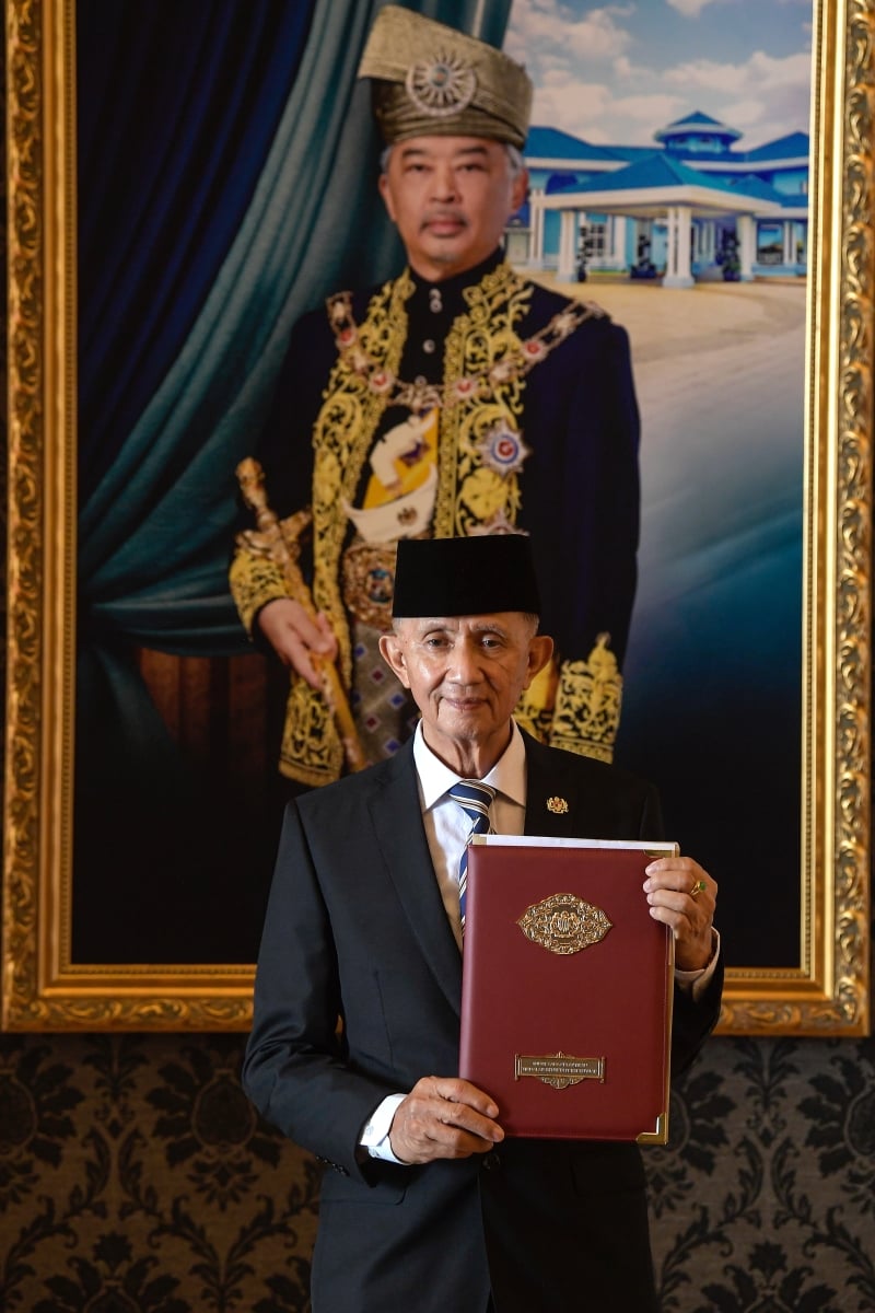 管迪科海宣誓就职后，拿著委任状在国家元首肖像前合影。