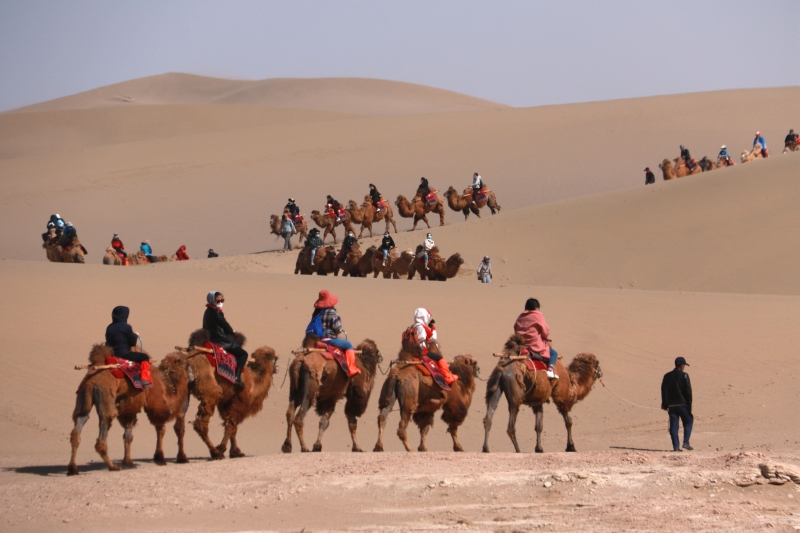 随著“五一”长假期临近，甘肃省敦煌市旅游潮持续升温，迎来大批参访的旅客。（新华社照片）

