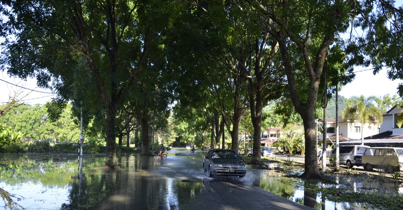 通往丰利园的道路遭水淹浸，道路变河流。