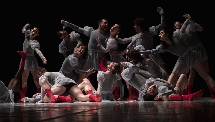 "La horde" dancers perform a choreography by Portuguese choreographer Tânia Carvalho on the stage of La Criée (National Theatre of Marseille) in Marseille, France. AFP