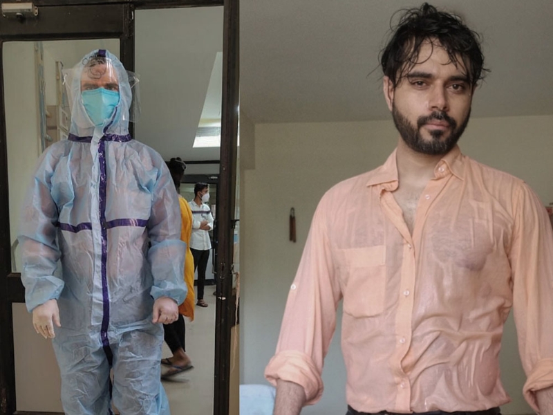 马瓦纳医生身穿防护衣连续工作15小时后，衬衫已完全湿透。（互联网照片）